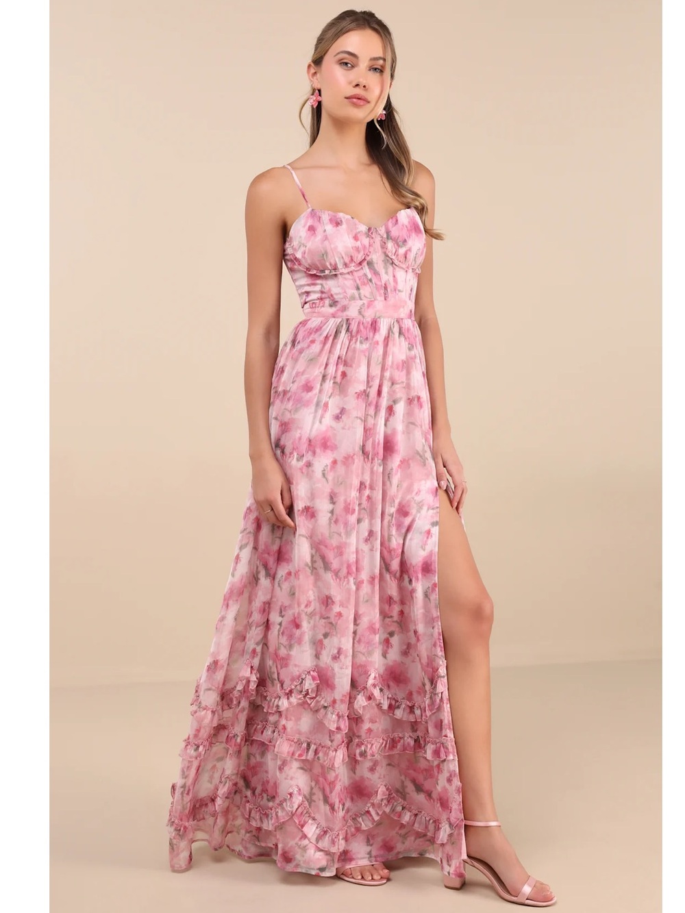 Lulus Novella Pink Floral Ruffled Bustier Lace-Up Chiffon Maxi Dress Large